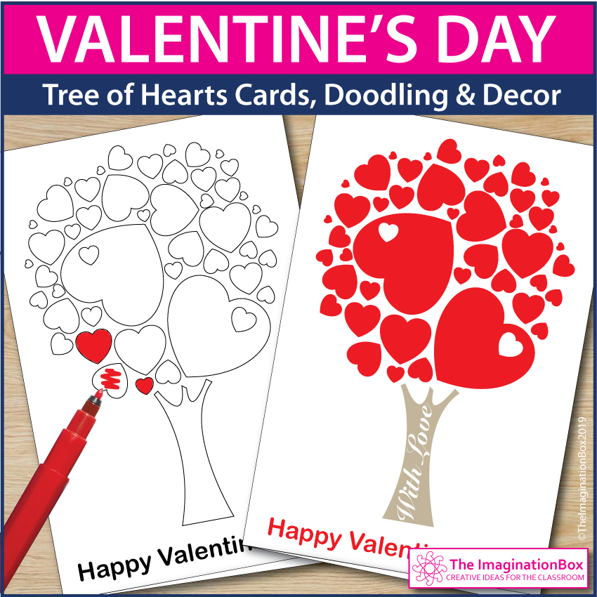 Valentines day coloring pages and tree of hearts card activity made by teachers