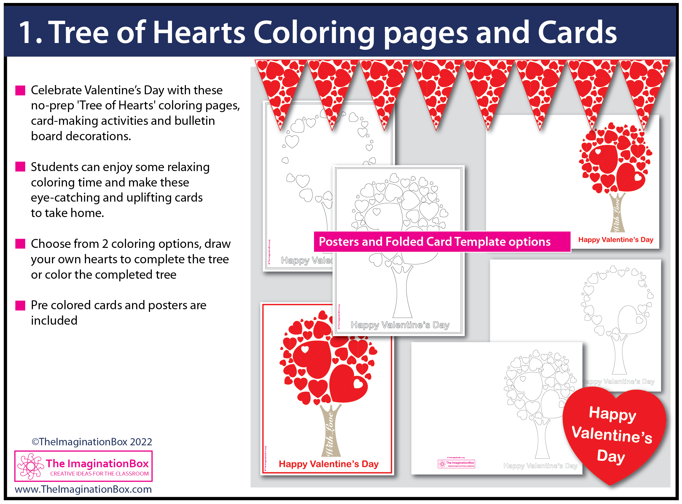 Valentines day coloring pages and tree of hearts card activity made by teachers