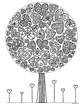 Valentine love heart tree zentangle coloring page by pamela kennedy