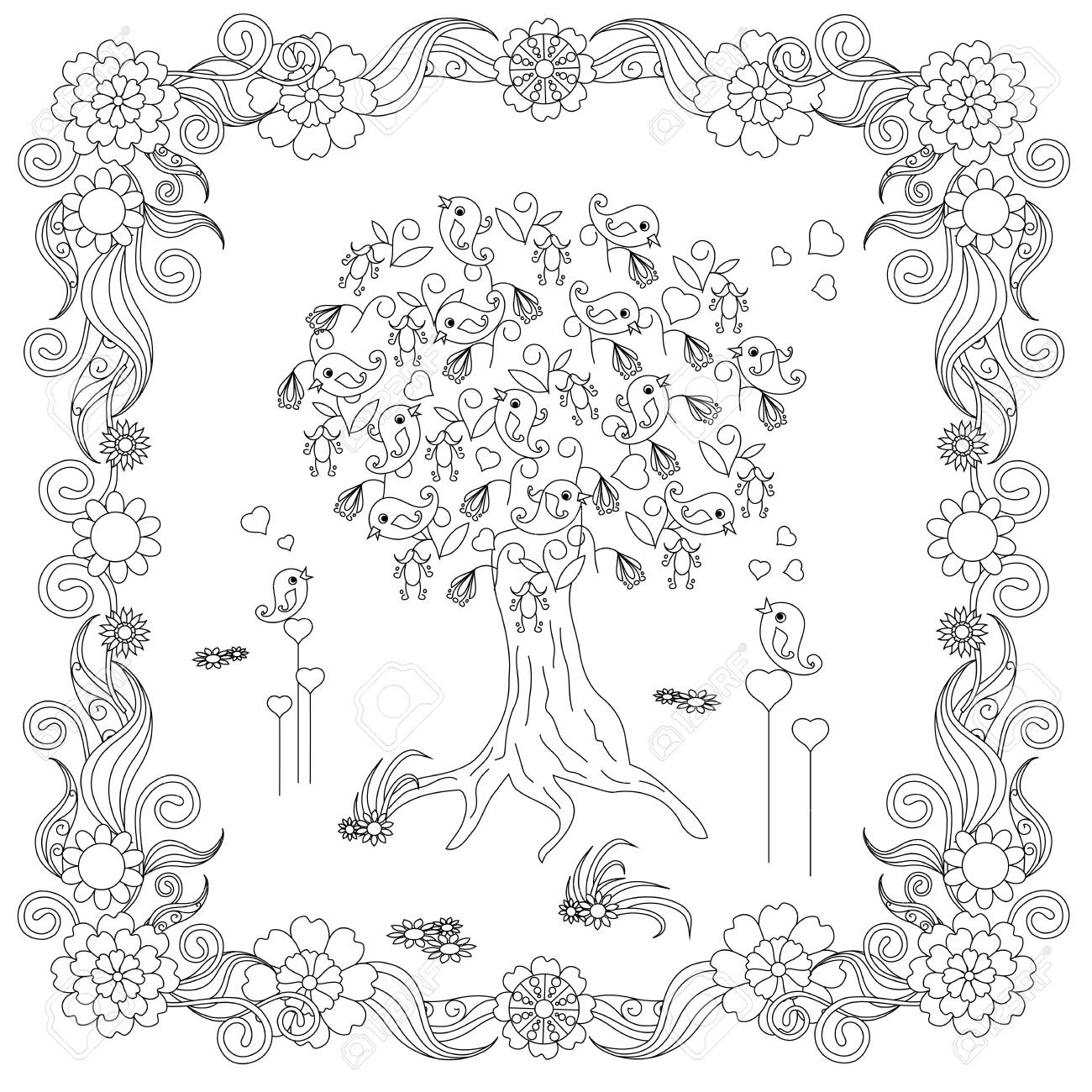 Zentangle style tree with loving bird hearts in flower frame monochrome sketch coloring page antistress stock vector illustration for print for coloring page royalty free svg cliparts vectors and stock illustration image