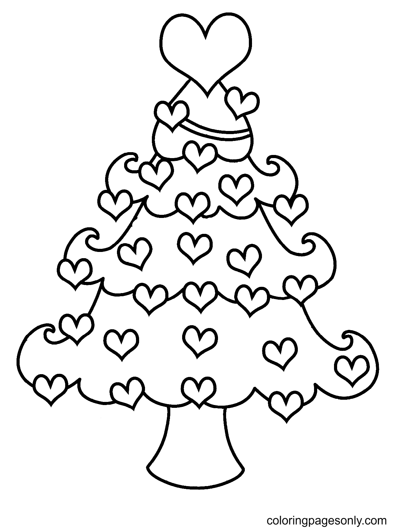 Heart decorated christmas tree coloring page
