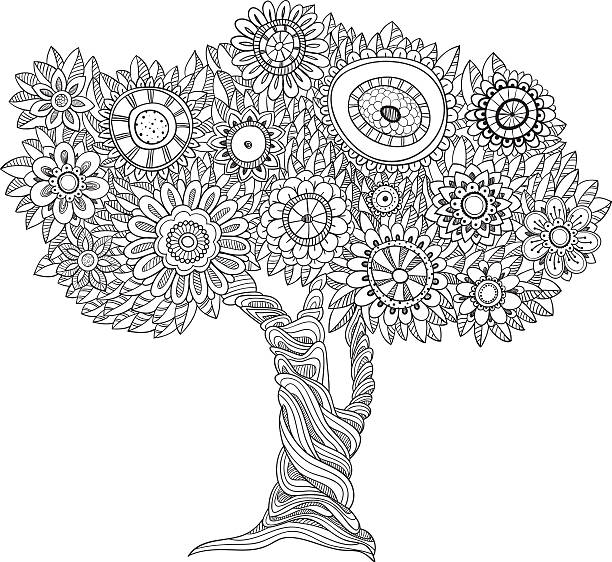 Floral black and white tree stock illustration