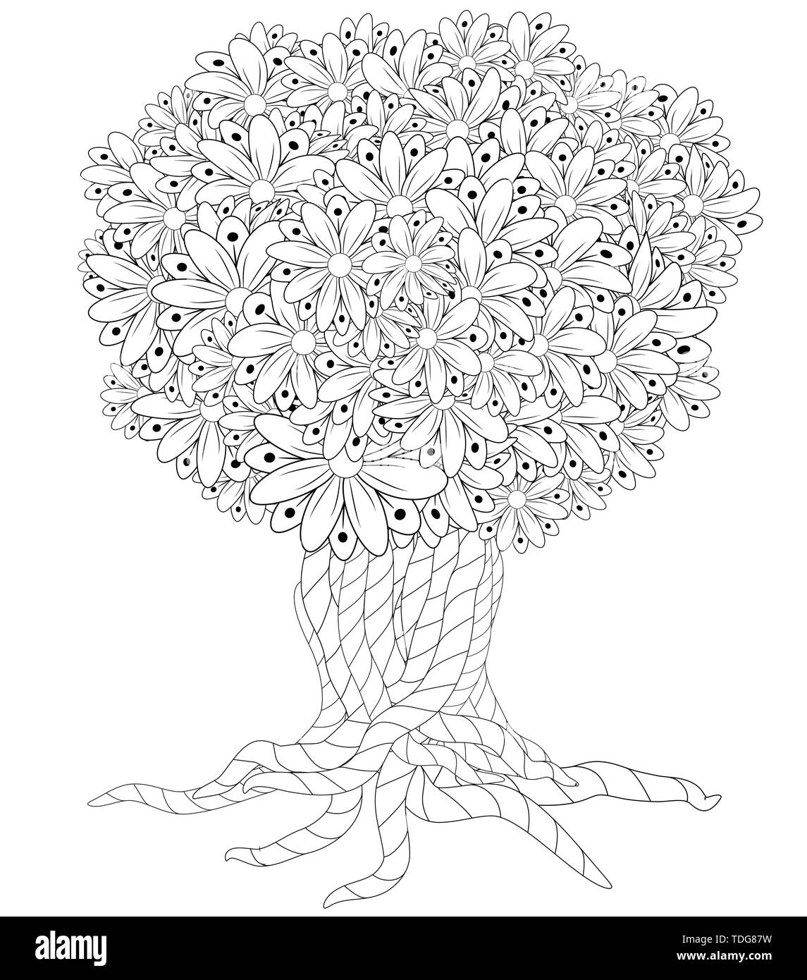 Blossom tree elements coloring book for adult doodles for meditation stock vector image art