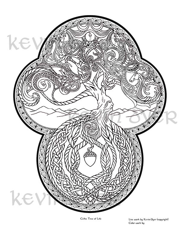 Celtic fantasy adult coloring pages digital download tree of life siren wild irish rose celtic dragon mermaid scottish knot