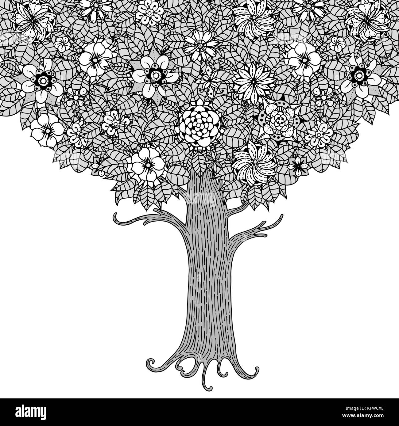Tree with leaves and flowers vector coloring book page for adults hand drawn bohemia concept for wedding invitation card ticket branding logo stock vector image art