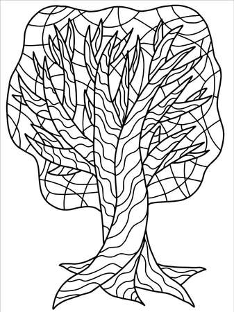 Tree coloring book page black outline of big old tree isolated on white garden tree with branches crown barrel and root stock vector illustration black and white stylized zentangle ornament plant royalty