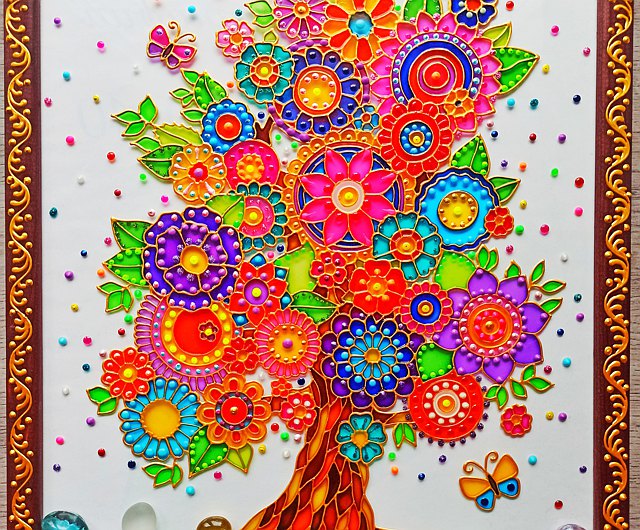 Tree of life original painting on glass stained glass modern decor wall art