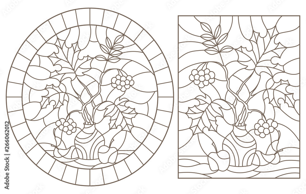 Set contour illustrations of stained glass with autumn still life tree branches in vases and fruit vector