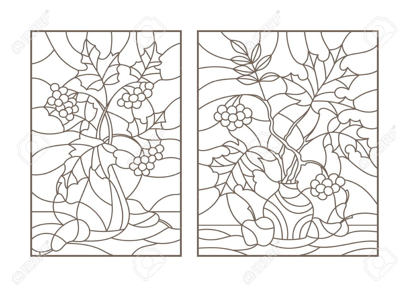Set contour illustrations of stained glass with autumn still life tree branches in vases and fruit royalty free svg cliparts vectors and stock illustration image
