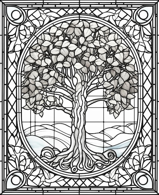 Premium ai image a stained glass tree with a swirly design in the center generative ai