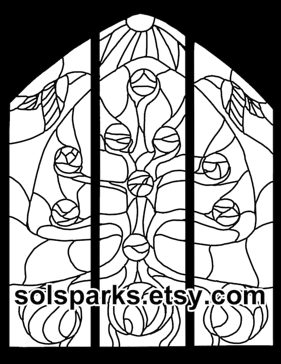 Yggdrasil norse tree of life with huginn and muninn adult or kids colouring book page or real stained glass pattern for x paper