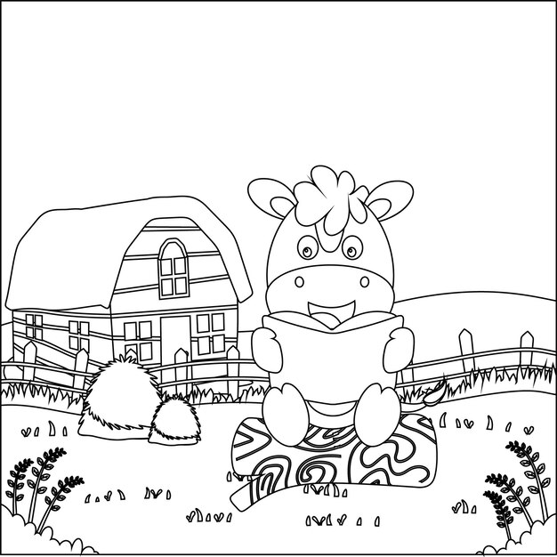 Premium vector illustration of funny horse sit on tree trunk reading a book colouring book or page