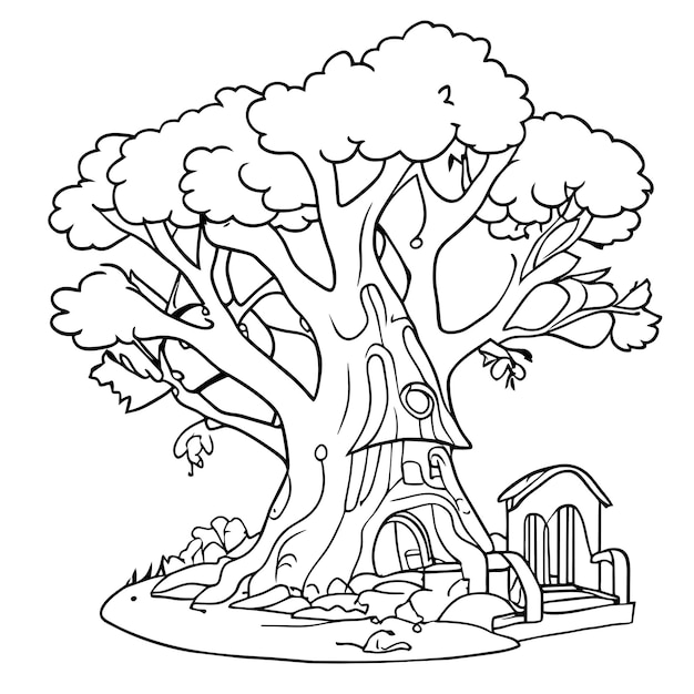 Premium vector fantasy tree house in the forest or fantasy tree house inside tree trunk
