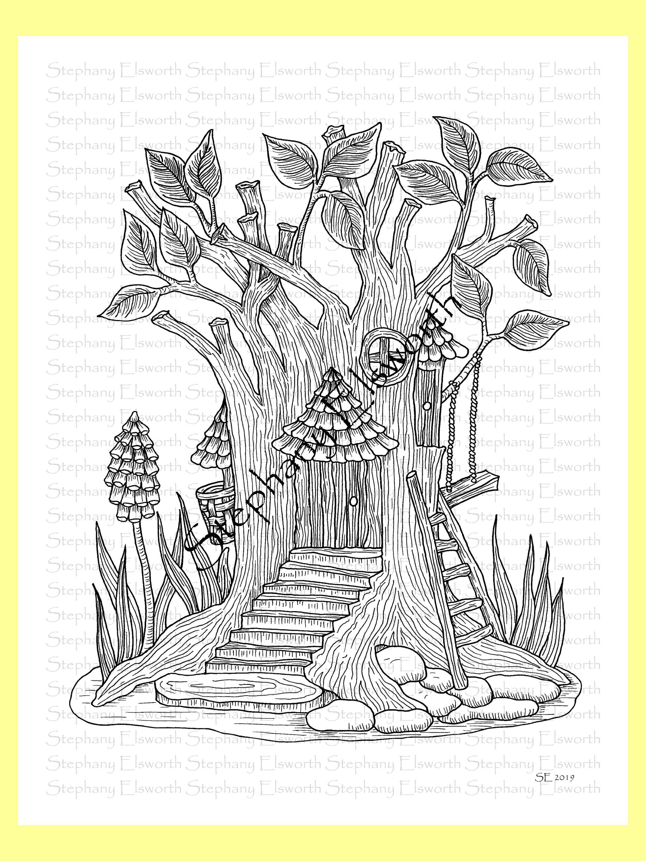 Tree trunk fairy house x printable instant download coloring page