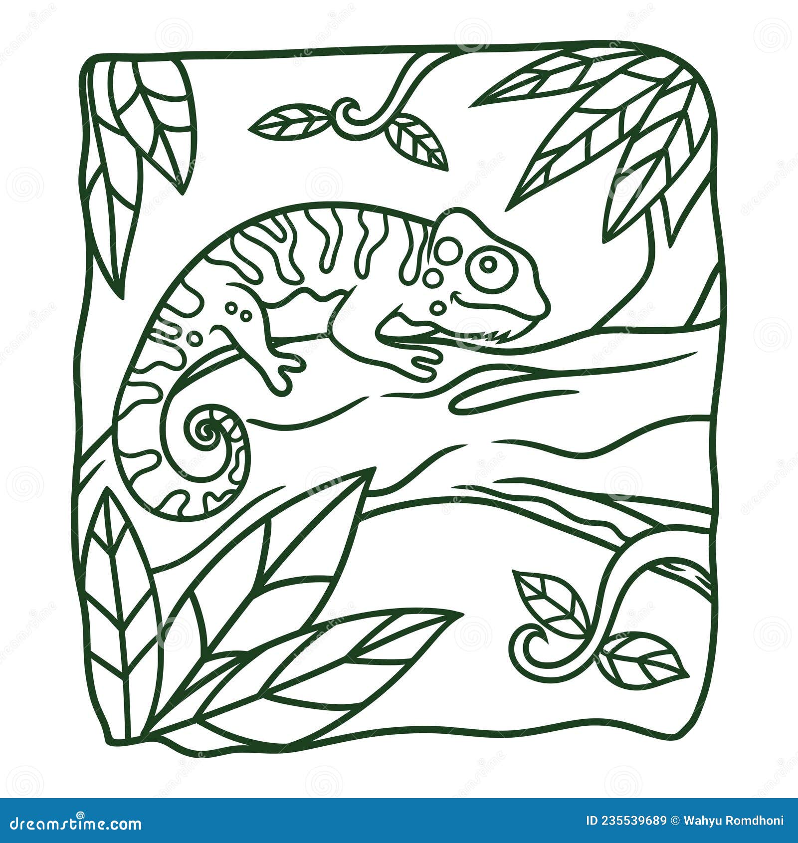 Cartoon illustration chameleon on a tree trunk coloring book or page for kids stock vector