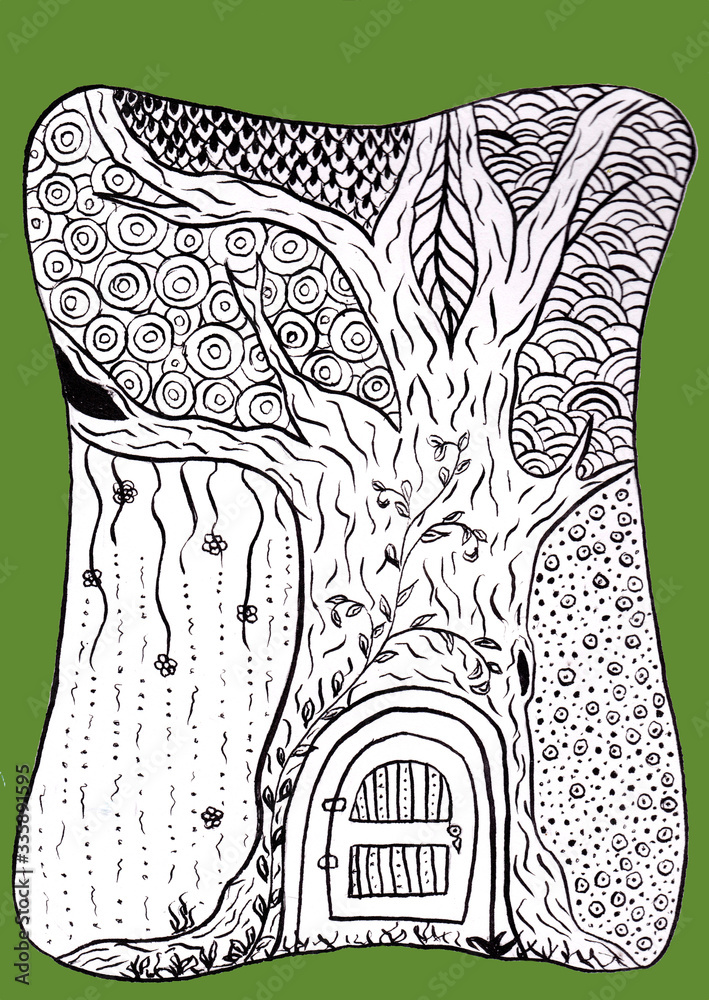 Fairytale fantasy house in tree trunk magical hand drawn illustration line art for coloring book or card illustration