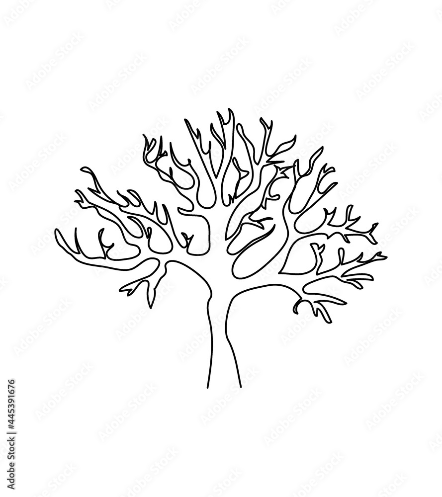 Bare tree one line art continuous line drawing of plants herb tree wood nature flora tree without leaves autumn bare tree branches crown vector