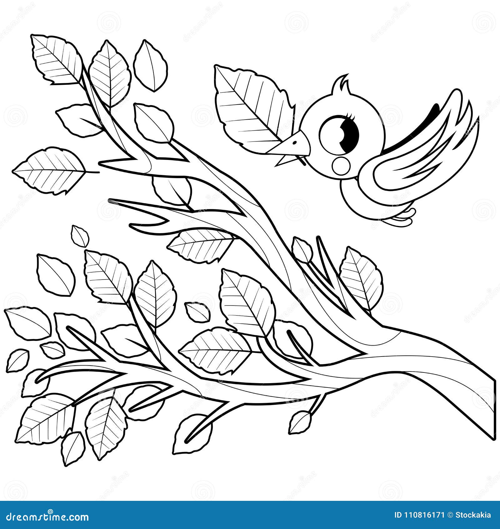 Bird in autumn tree branch with dry leaves vector black and white coloring page stock vector