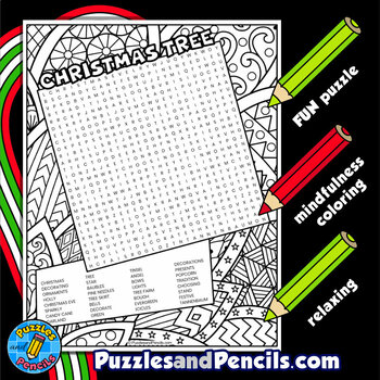 Christmas tree word search puzzle activity page with coloring holidays