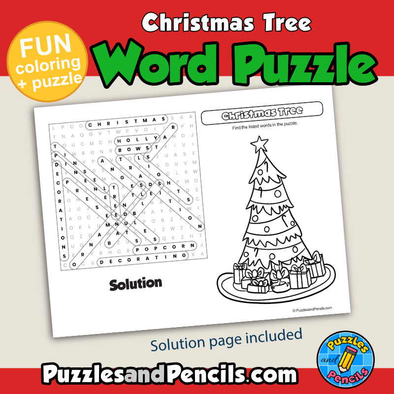 Christmas tree word search puzzle activity page with coloring wordsearch made by teachers