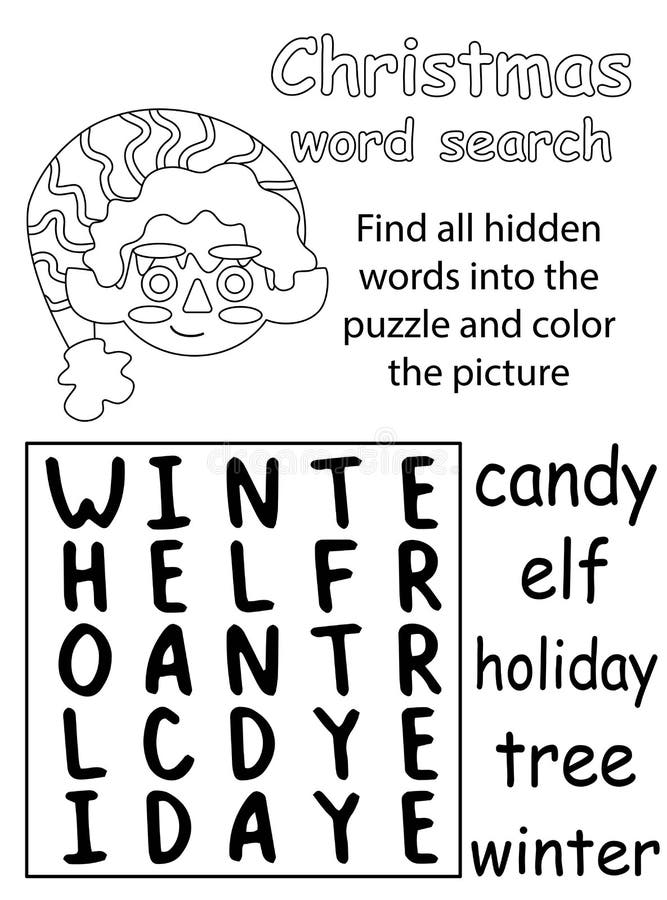 Christmas word search puzzle with cute little elf vector illustration funny word game in english and coloring page for stock vector