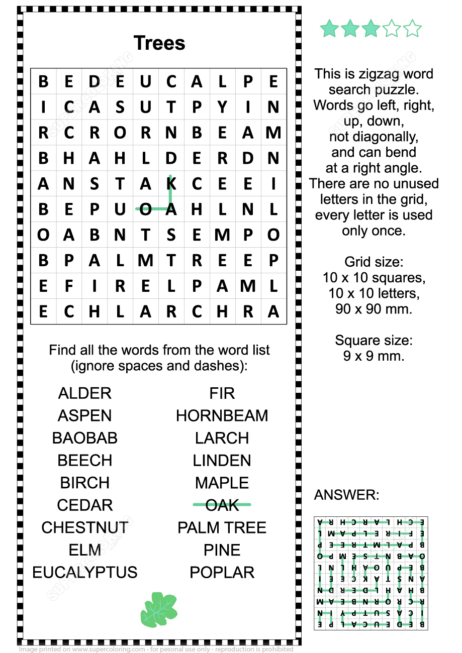 Trees zigzag word search puzzle free printable puzzle games