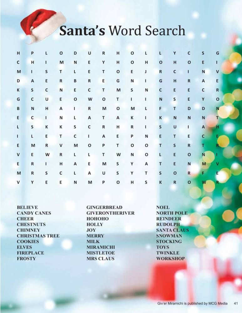 Giver miramichi christmas coloring page and word search