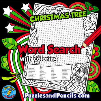 Christmas tree word search puzzle activity page with coloring holidays