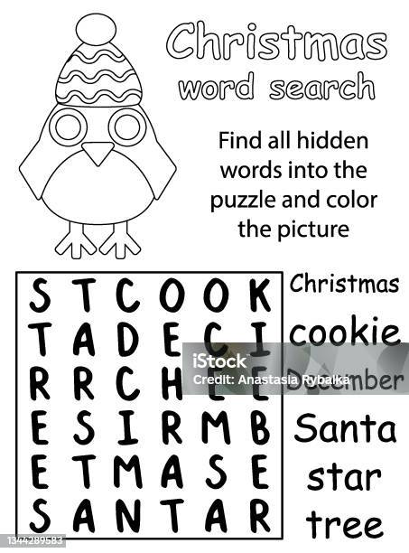 Christmas word search puzzle for kids black and white version with coloring page vector illustration stock illustration