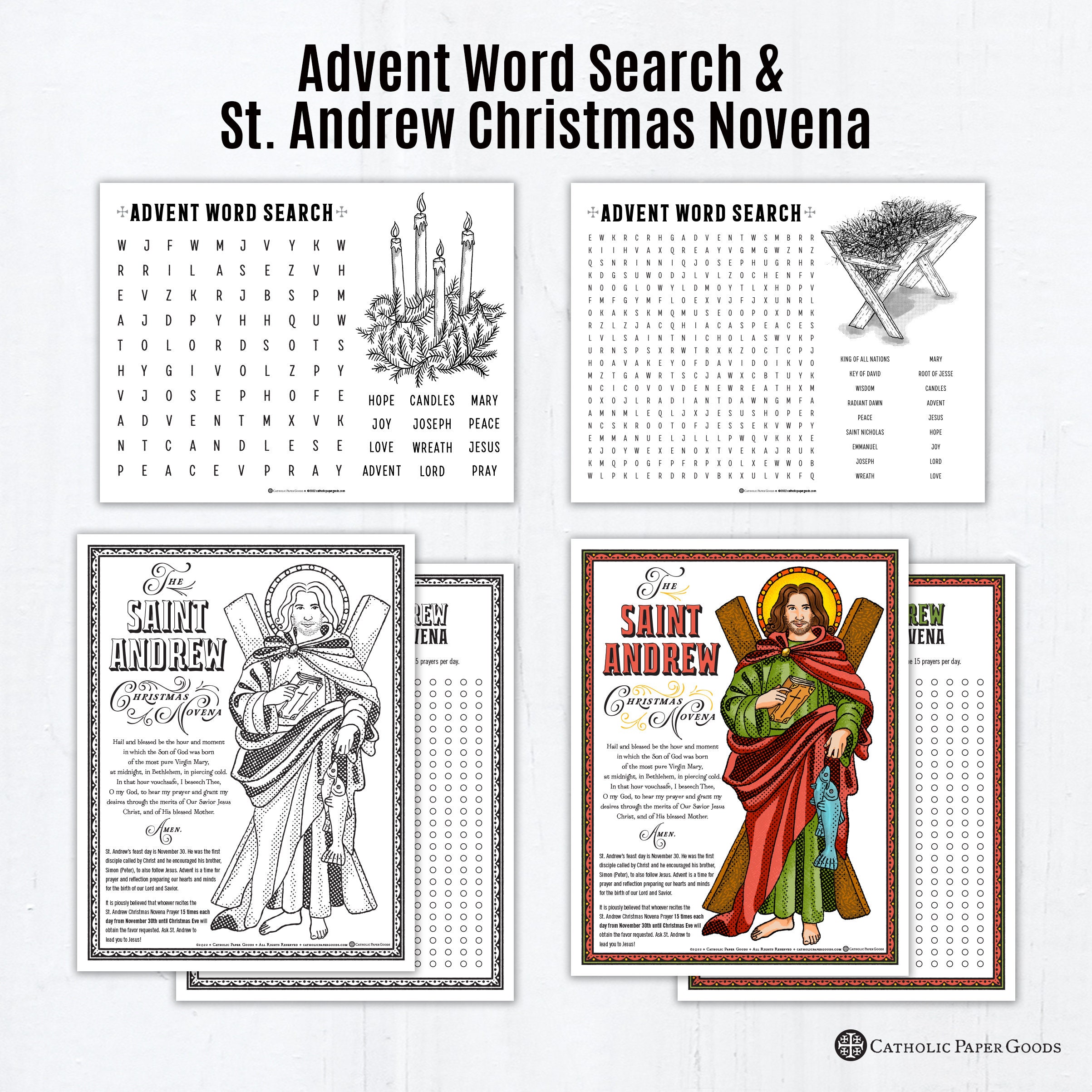 Advent pdf bundle bingo coloring pages jesse tree ornaments o antiphon ornaments cards st nicholas candy cards advent game novena