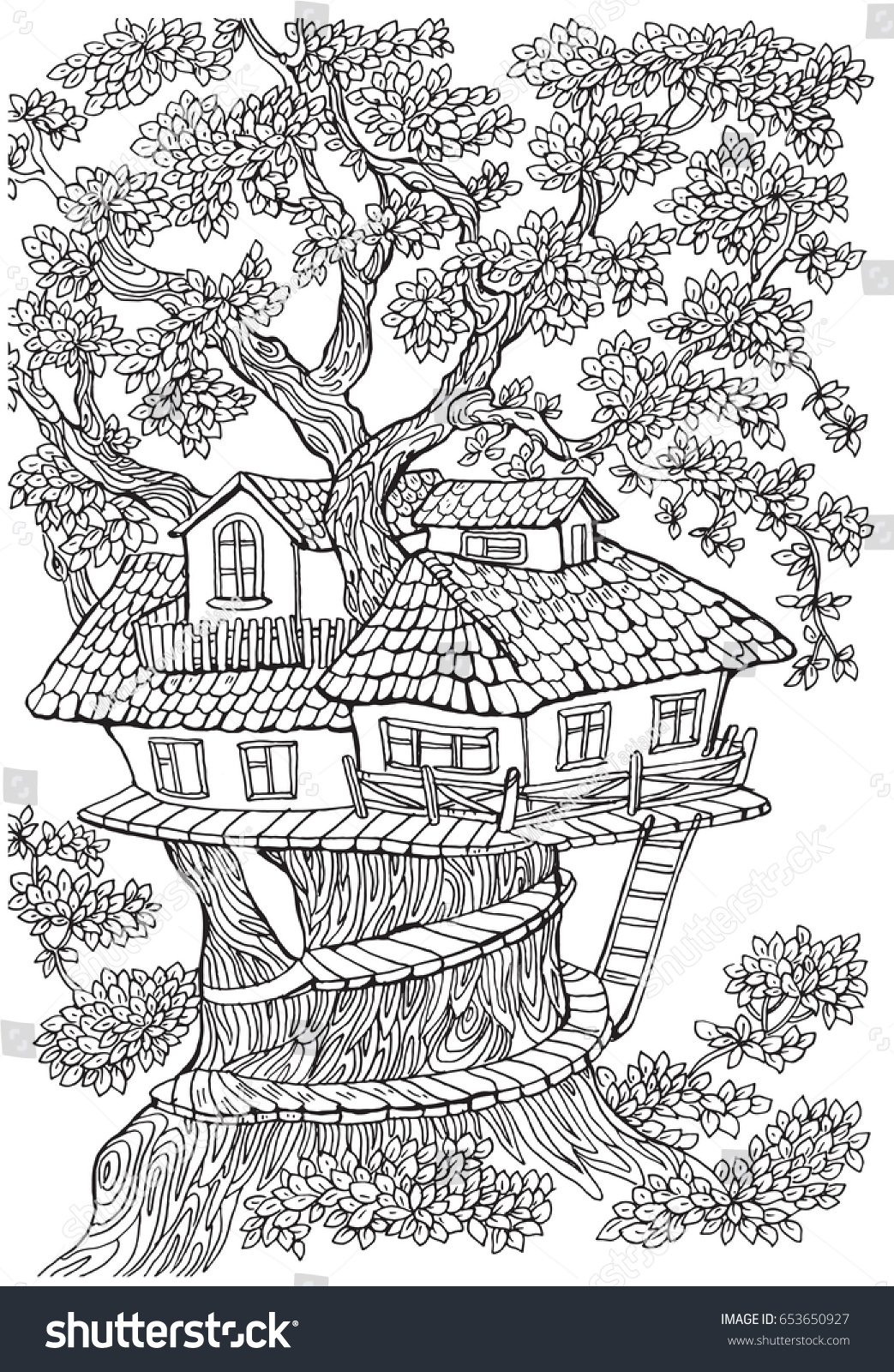 Coloring pages kids adults tree house stock vector royalty free