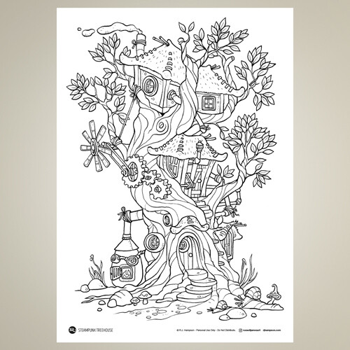 Store steampunk treehouse coloring sheet