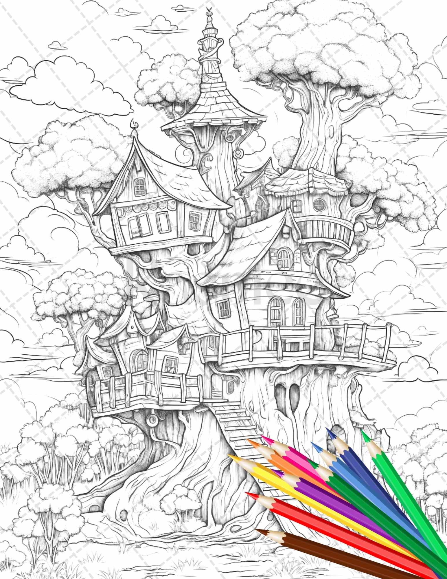 Enchanted treehouse coloring book printable for adults grayscale â coloring