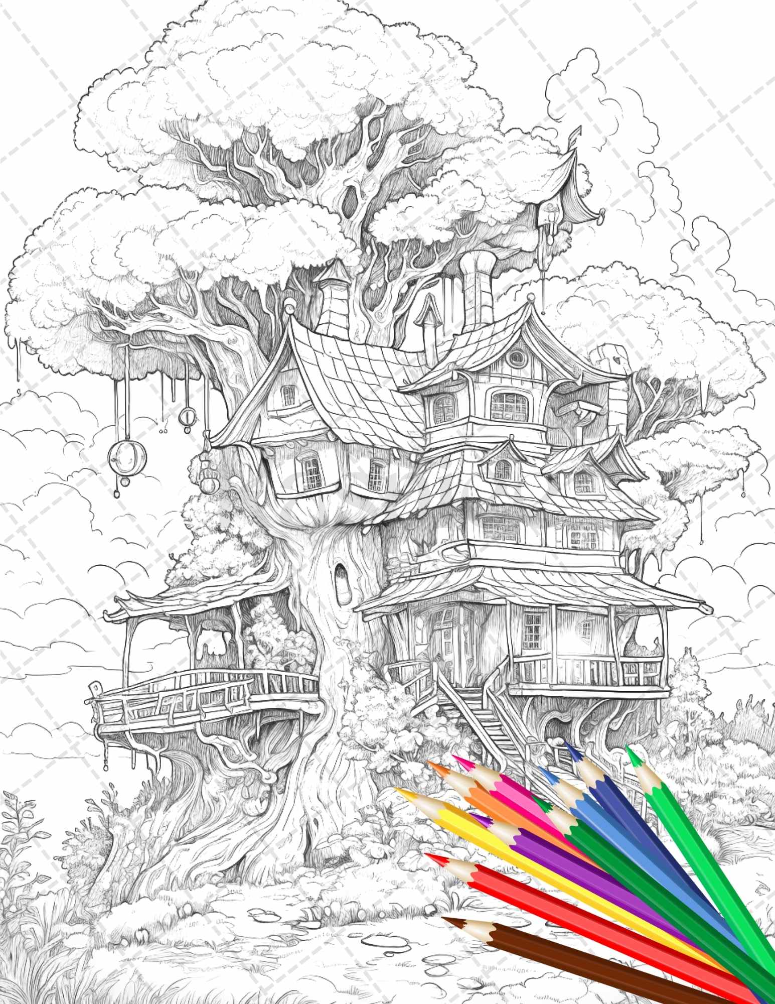 Enchanted treehouse coloring book printable for adults grayscale â coloring