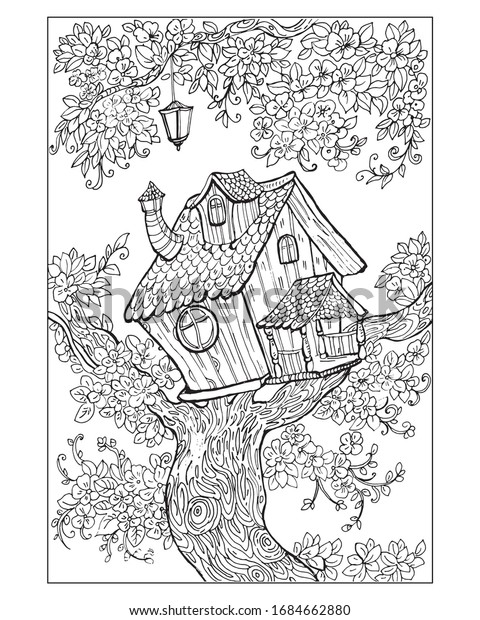 Coloring pages children adults tree house stockvektor royaltyfri