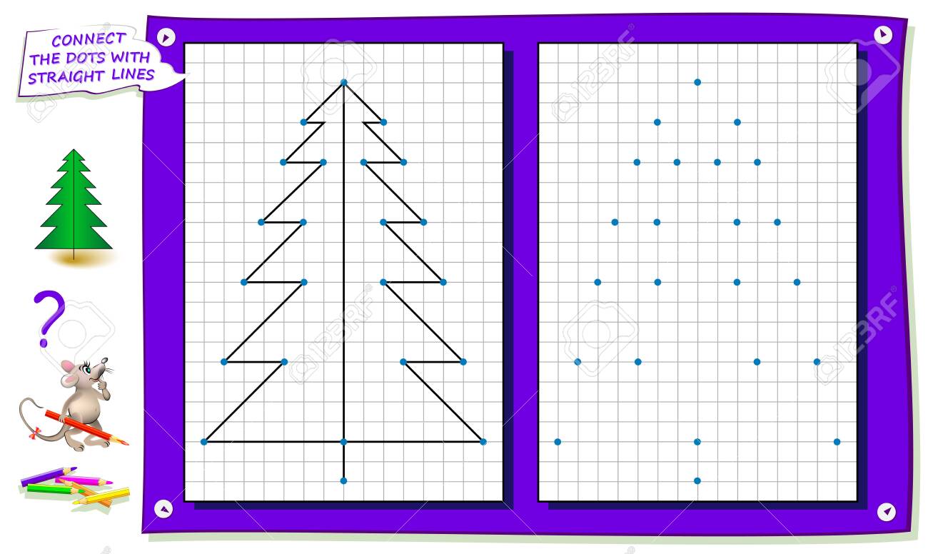 Logic puzzle game for kids on square paper repeat the image by example connect the dots with straight lines and color the tree printable page for children brainteaser book iq training test