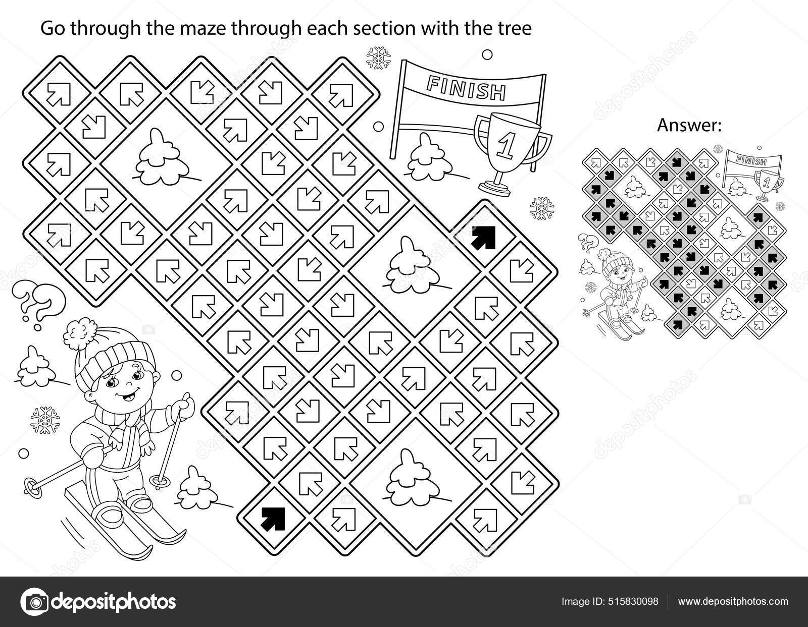 Maze labyrinth game puzzle coloring page outline cartoon boy skiing stock vector by oleon