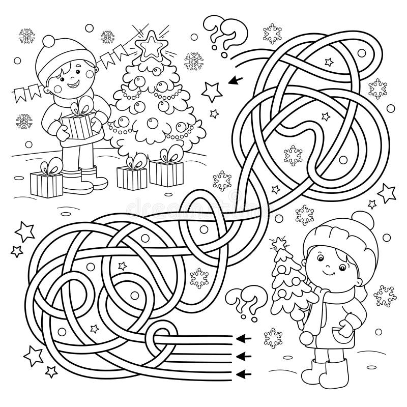 Maze or labyrinth game puzzle tangled road coloring page outline of children with gifts at christmas tree christmas stock vector