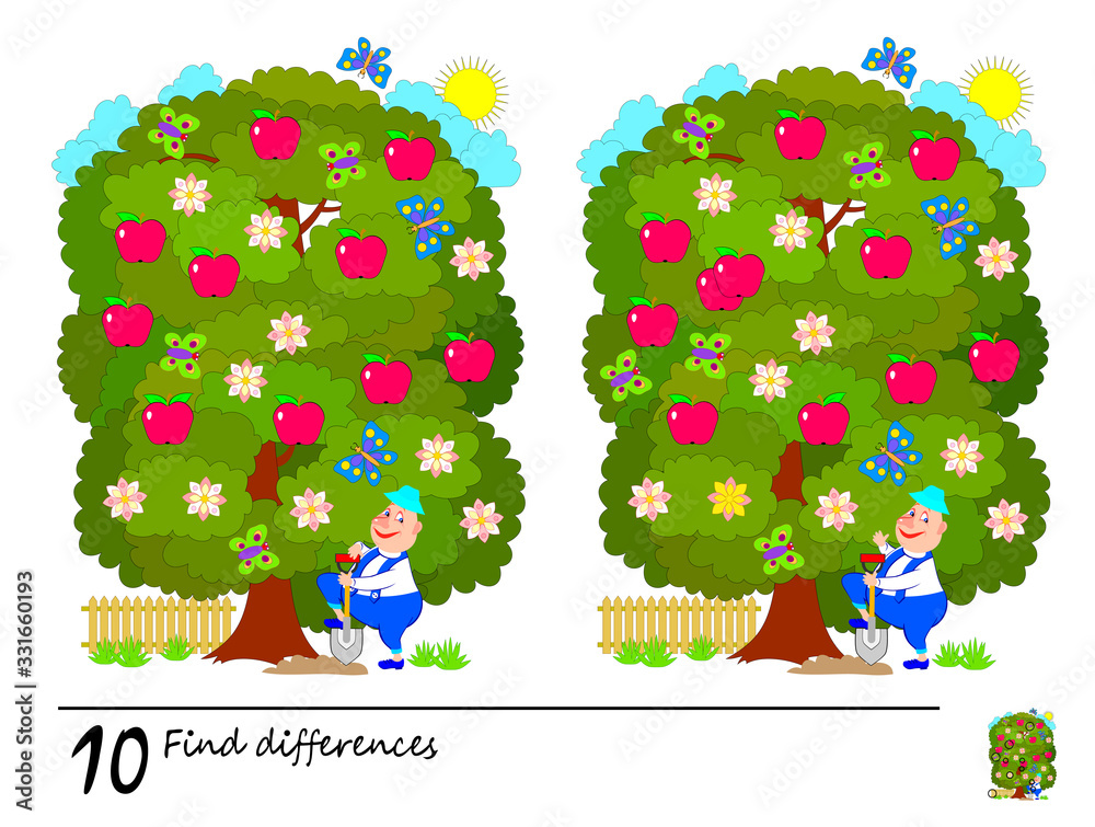 Find differences logic puzzle game for children and adults printable page for kids brain teaser book illustration of gardener under the tree developing counting skills iq test vector image vector