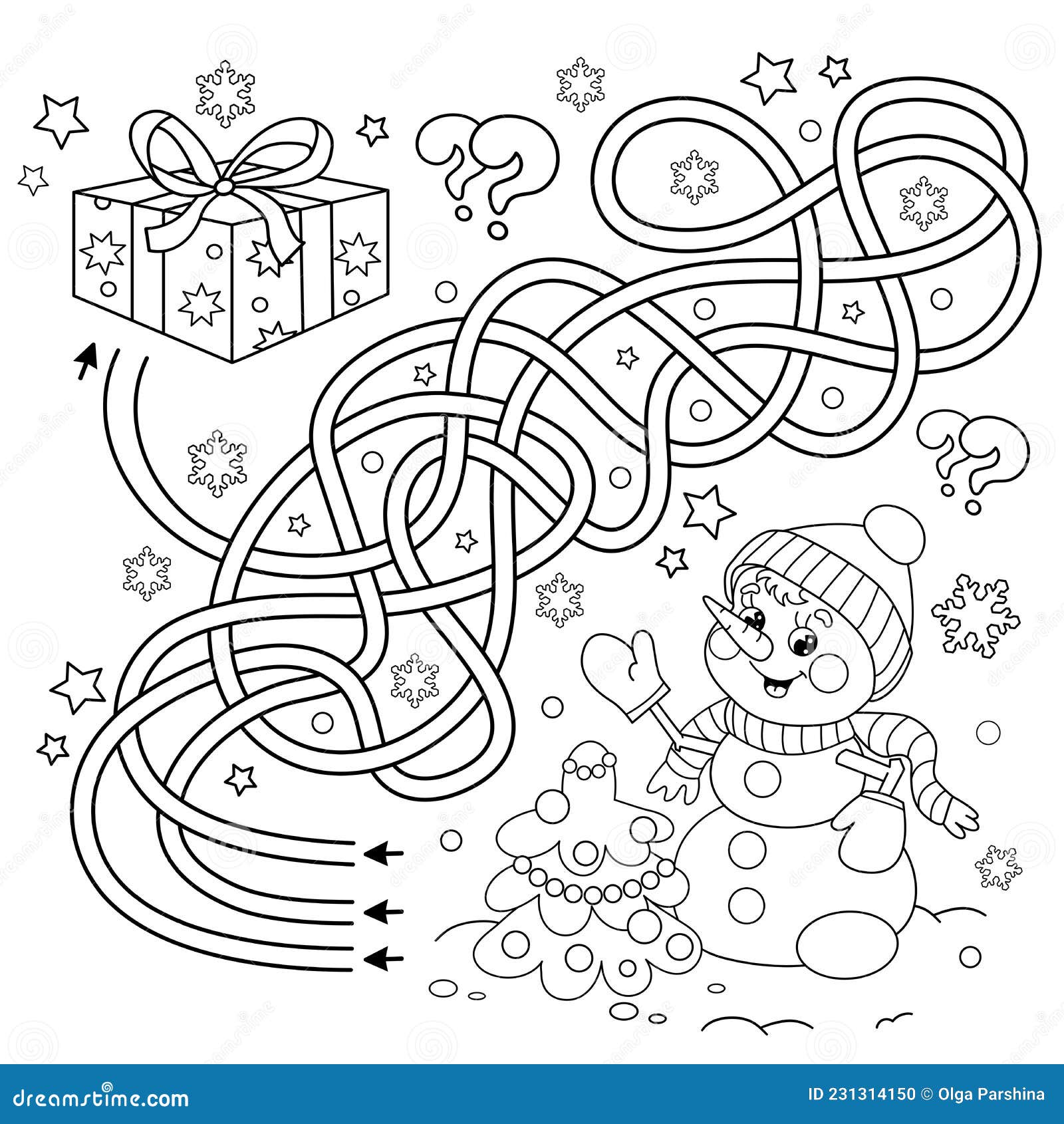 Maze or labyrinth game puzzle tangled road coloring page outline of snowman with christmas tree new year christmas stock vector