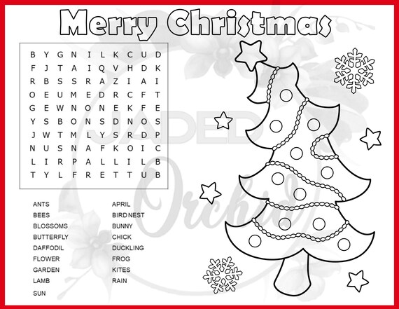 Kids christmas coloring page kid christmas word search kid christmas activity sheet christmas tree coloring sheet holiday activity sheet