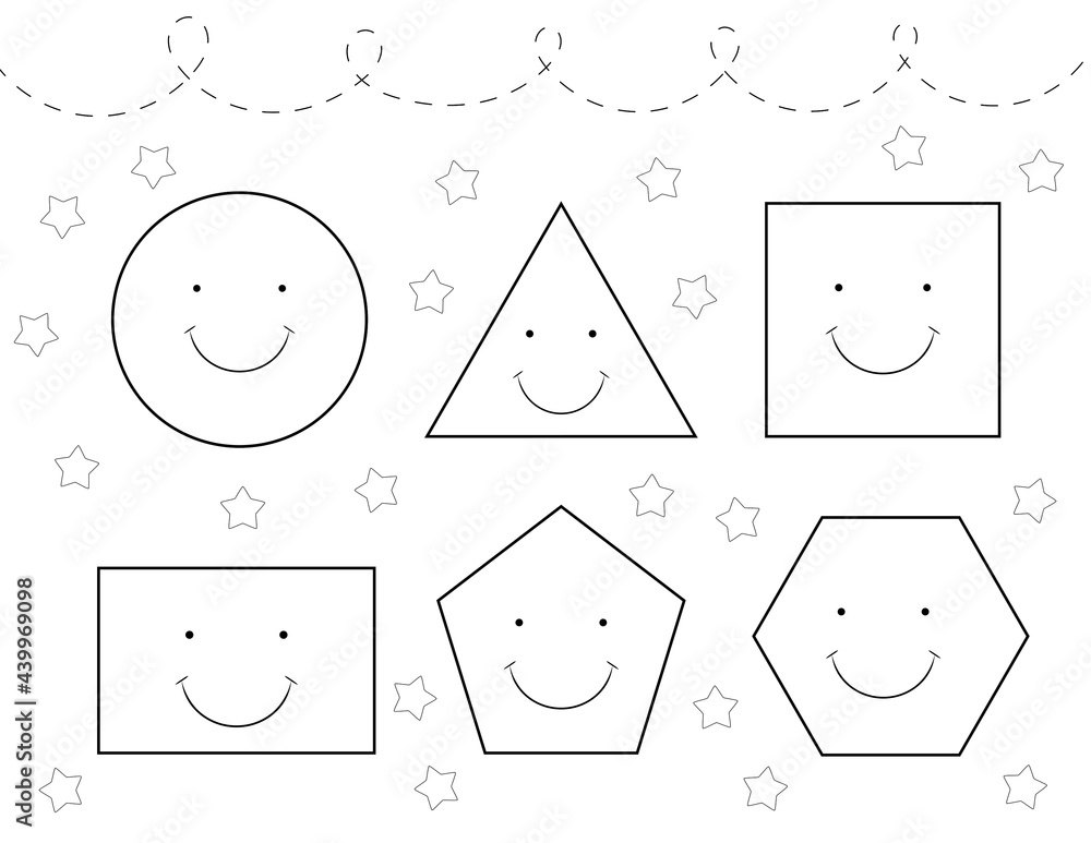 Six basic shapes including a cartoon square circle and triangle coloring page for kids illustration