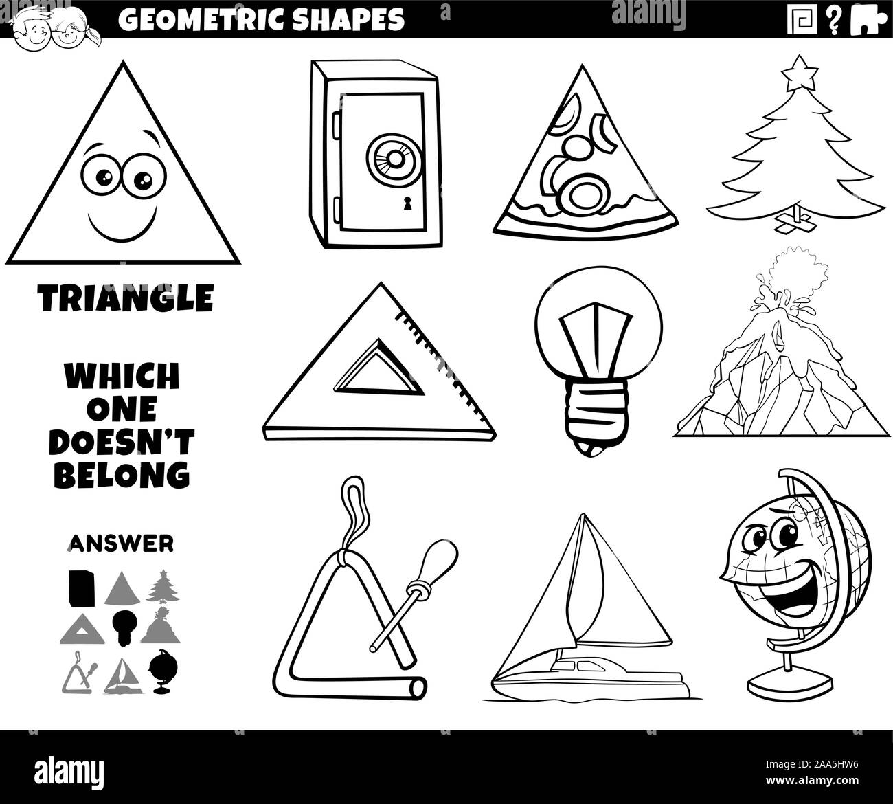 Black and white cartoon illustration of triangle geometric shape educational task for children coloring book page stock vector image art