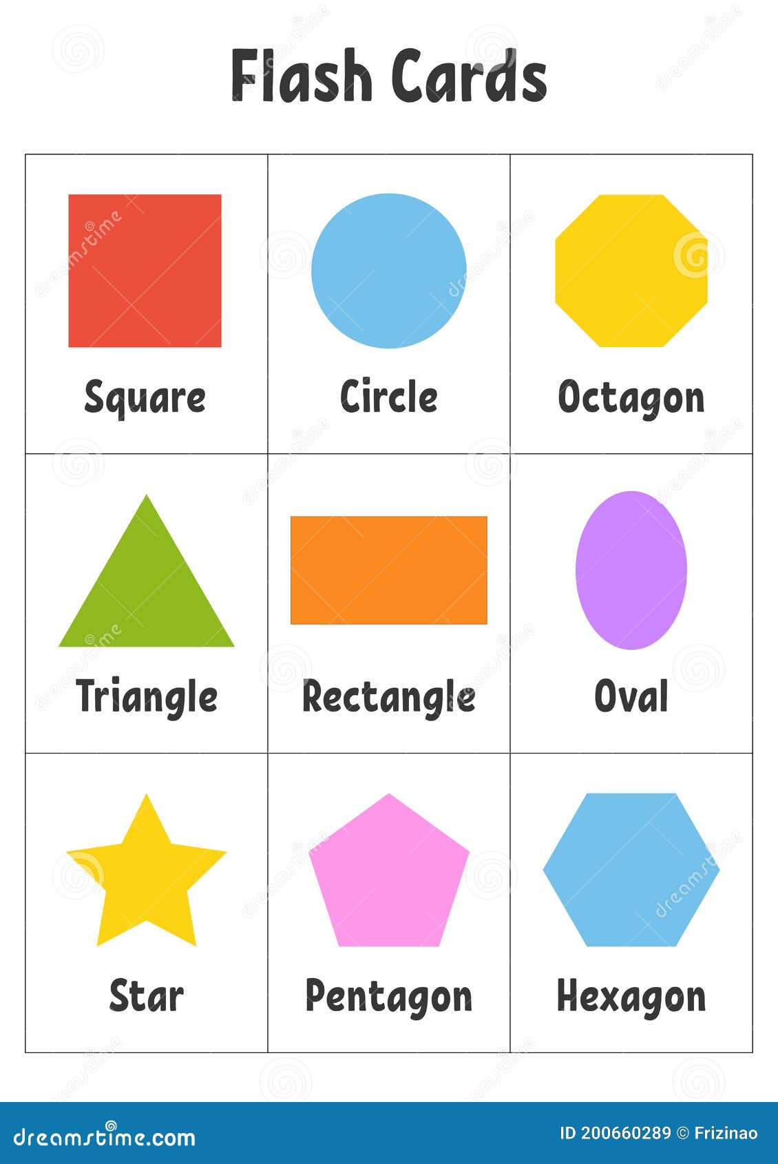 Flash cards learning shapes education developing worksheet activity page for kids color game for children stock vector