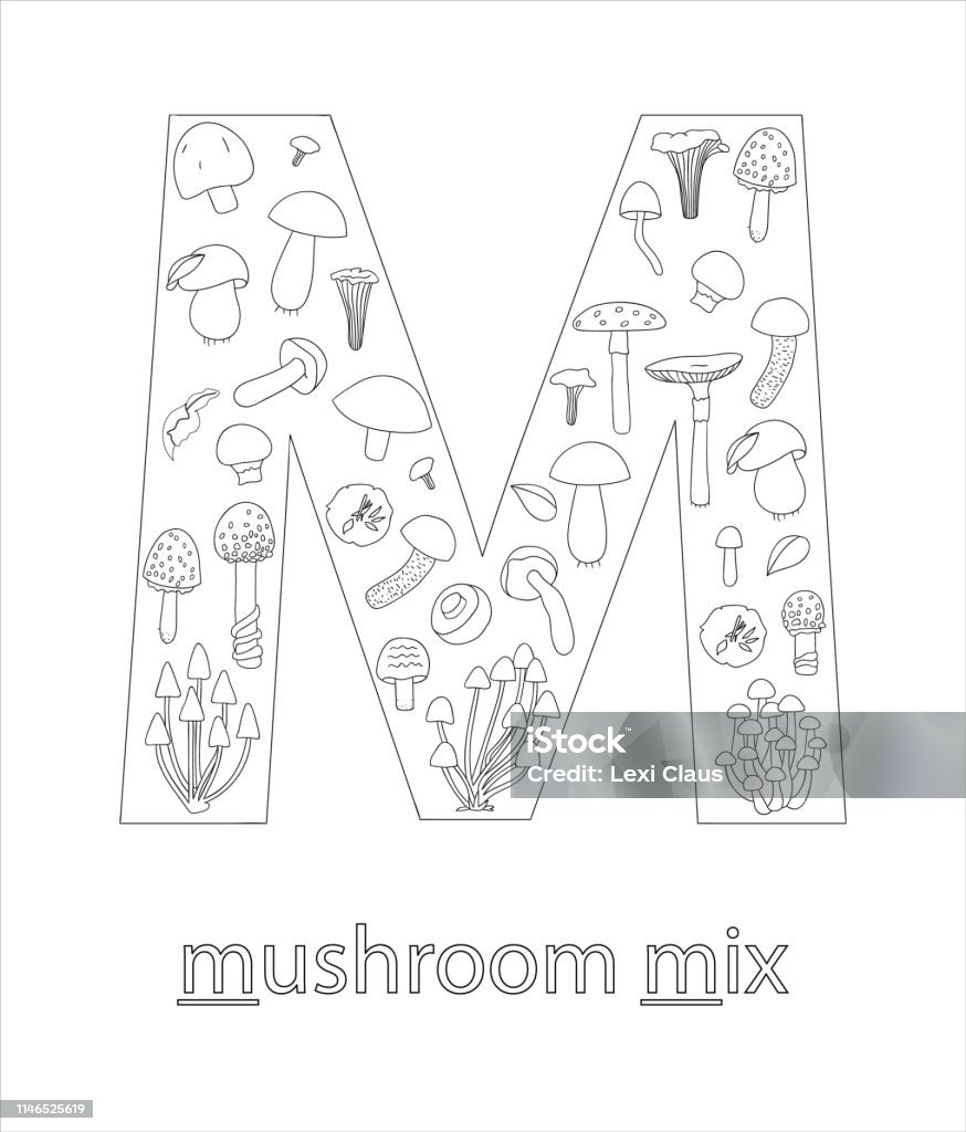 Black and white alphabet letter m phonics flashcard cute letter m for teaching reading with cartoon style mushrooms coloring page for children stock illustration
