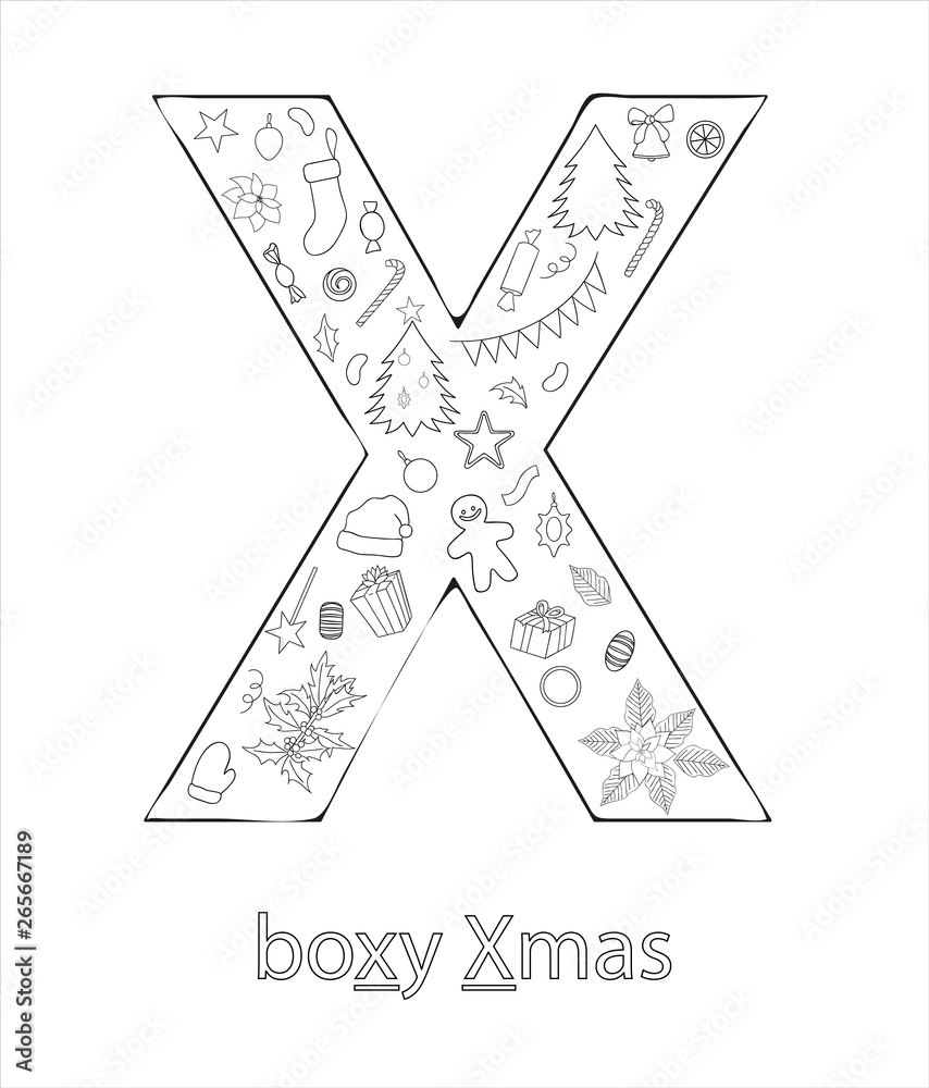 Black and white alphabet letter x phonics flashcard cute letter x for teaching reading with cartoon style christmas tree balls gingerbread garland coloring page for children vector