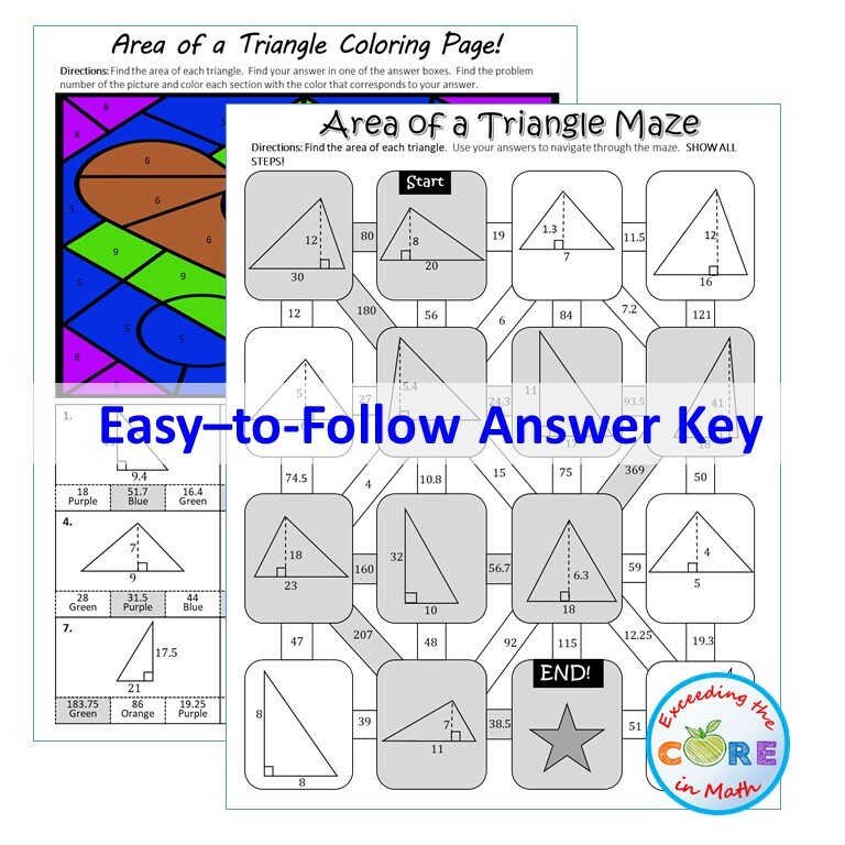 Area of triangles maze riddle coloring page color by numbers math activities