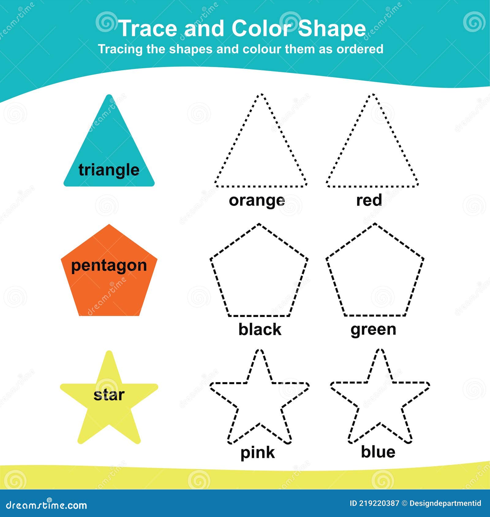 Tracing and coloring the shapes worksheet educational printable math worksheet additional coloring page for kids stock vector
