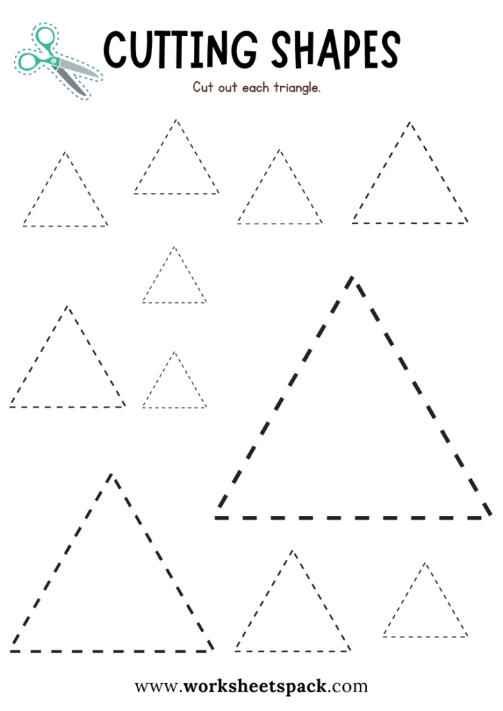 Triangle shapes cutting activity free sheets for preschool kids