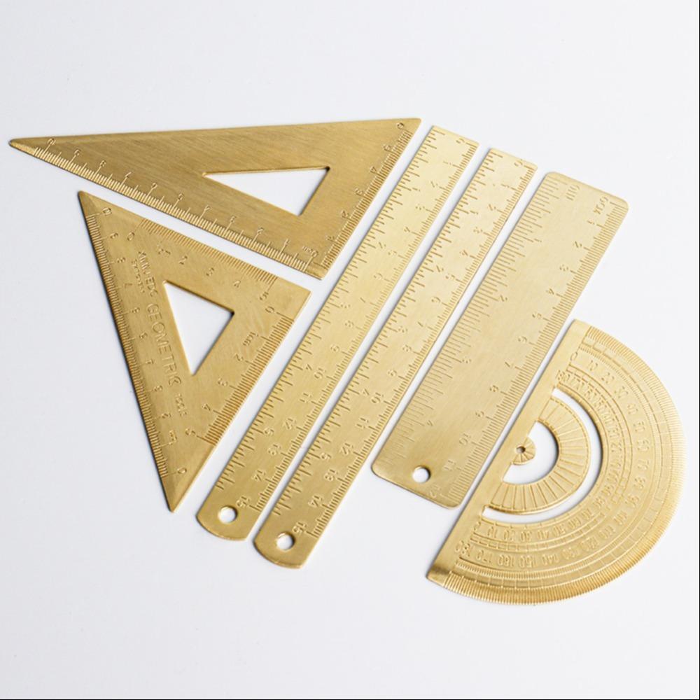 Vintage brass straight ruler measuring tool metal triangle ruler protractor for students â the best products in the geek online store